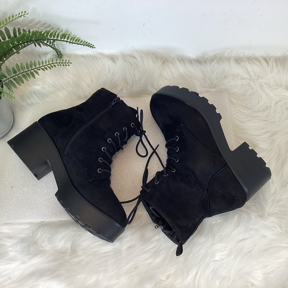 NATURE BREEZE PLATFORM VEGAN SUEDE COMBAT MOTO ANKLE BOOTS BLACK SZ EUR 40 US 9